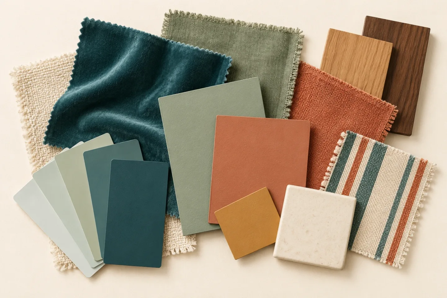 A flat lay of color samples on a cream ground: a fan of paint cards from pale sage to deep teal, deep teal velvet, a sage linen, larger sage and terracotta paint cards, a rust weave, oak and walnut wood samples, a small ochre square, a cream stone tile, an oatmeal bouclé and a woven stripe in teal, rust and cream.